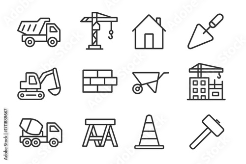 Construction & building industry line icon set. Vector pictograms for architecture & engineering. Symbols of tools, machines, crane, truck, excavator. Editable stroke.