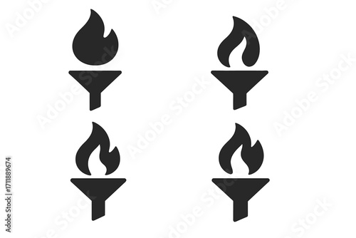 Torch icon set. Olympic flame symbol collection. Metaphor for victory, success, freedom and hope. Ancient games fire pictogram. Sports competition spirit. Flat vector logo element.