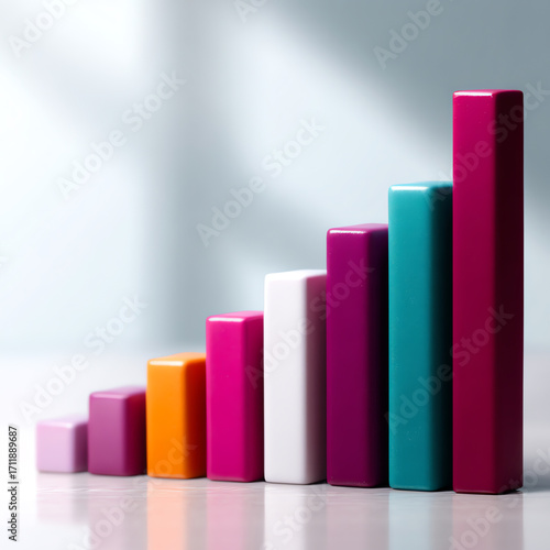Colorful rectangular blocks arranged in ascending order on a reflective surface, symbolizing growth, progress, or data visualization with a soft, blurred background Free Download Colorful rectangular blocks arranged in ascending order on a reflective surface, symbolizing growth, progress, or data visualization with a soft, blurred background - GFXLoad