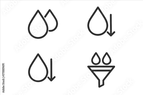 Water drop and filter line icon set. Concept of purification, filtration, liquid flow, funnel. Minimalist vector symbols for web design, app interface, and clean technology.