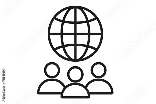 Global community icon with group of people. International business team. Concept for social network, collaboration, humanity, world population. Vector line art design.