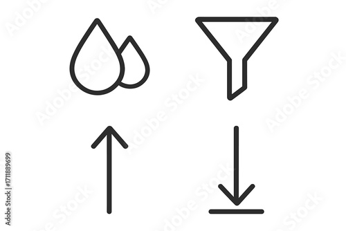 Water filter and data transfer thin line icon set. Vector icons with drops, funnel for filtering, upload and download arrows. Minimalistic UI, UX elements for web design, apps.