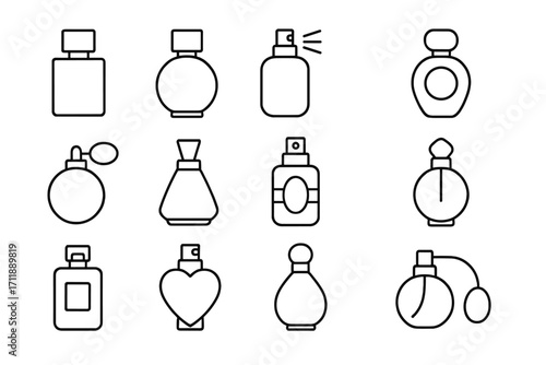Perfume bottles outline icon set, minimalistic linear perfume pictograms, vector fragrance bottle collection for web, graphic design, apps, banners, beauty concepts, cosmetic branding, aromatherapy