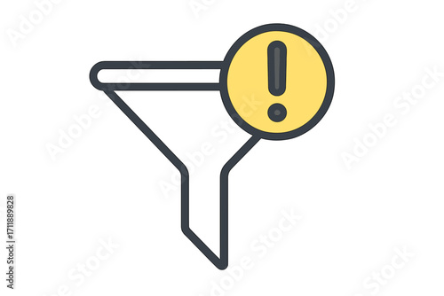 Filter error icon. Data validation problem, information alert, and sorting warning concept. Funnel with exclamation mark for system notification, attention, or important message.