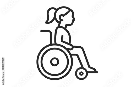 Woman in wheelchair line icon. Person with physical disability. Patient, invalid, paralyzed person symbol. Concept for accessibility, special needs, healthcare, medicine. Vector.