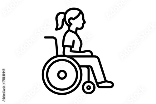 Woman in wheelchair icon. Disability symbol. Patient, injured person concept. Accessibility sign. Medical, health care, and rehabilitation. Paralyzed people. Inclusion vector.