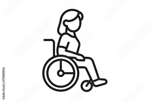 Woman in wheelchair line icon. Disabled person, patient with injury. Physical disability, accessibility, health care, rehabilitation concept. Simple vector art for app, web.