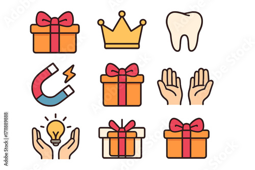 Charity gift and donation icons set, present box with bow, crown, tooth, magnet, idea lightbulb in hands, helping hands, vector symbols for charity, fundraising, giving, generosity concepts