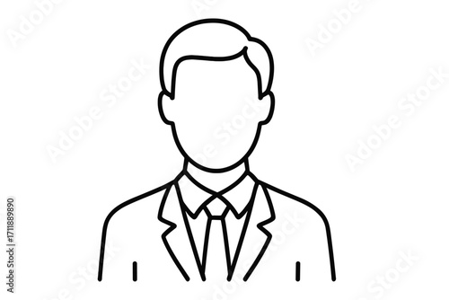 Faceless man in suit outline icon. Anonymous businessman profile avatar. User placeholder vector illustration. Male silhouette for web design, business apps, and adverts.