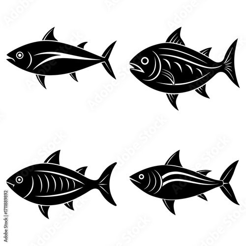 Four stylized black fish illustrations with varying fin and body designs on a white background image