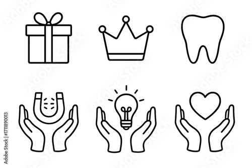 Gift, Charity, Reward, Innovation, Health Concept Outline Icon Set. Crown, Tooth, Magnet, Lightbulb, Heart in Hands. Present, Dental Care, Attraction, Idea, Love Symbols for Web, Cards, Design