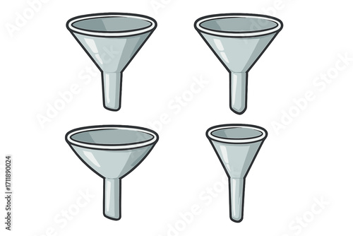 Vector funnel icon set. Cartoon illustration for websites, books, apps. Symbol for sales process, data filtering, conversion, marketing pipeline. Isolated graphic element.