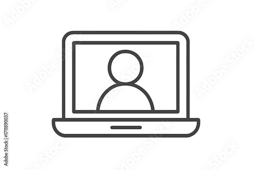 Video conference call icon on laptop. User profile for remote work, webinar, online meeting, or e-learning. Freelancer communication symbol. Vector line art illustration.