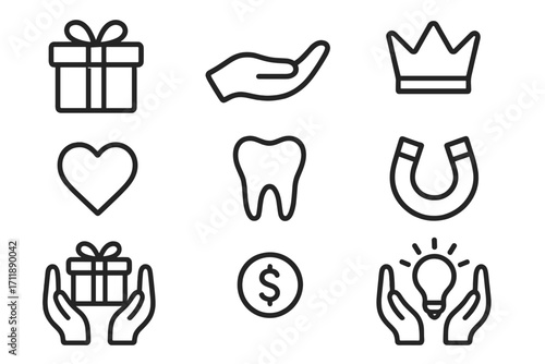 Charity and Gift Icons Set – Outline Symbols of Present, Giving Hands, Crown, Tooth, Heart, Magnet, Lightbulb, Dollar Coin for Donation, Success, Web, App, Print, Branding, Marketing