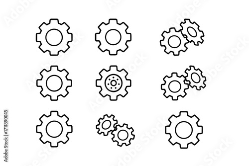 Gear line icon collection. Cogwheel and settings symbols. Editable stroke vector pictograms for web and app design. Mechanism, process, engineering, and teamwork concepts.