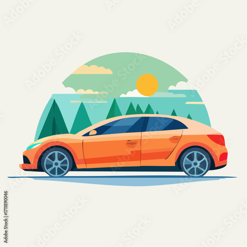 Vibrant orange modern car driving through a picturesque, flat design mountain landscape under a bright sunny sky, ideal for travel and automotive themes