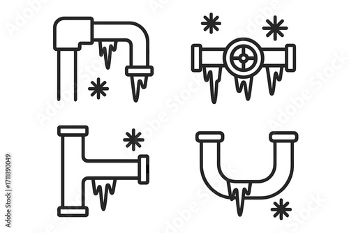 Frozen pipes icon set. Winter plumbing problems concept. Water pipe burst from cold ice. Line art vector illustration for emergency heating and pipeline repair service.