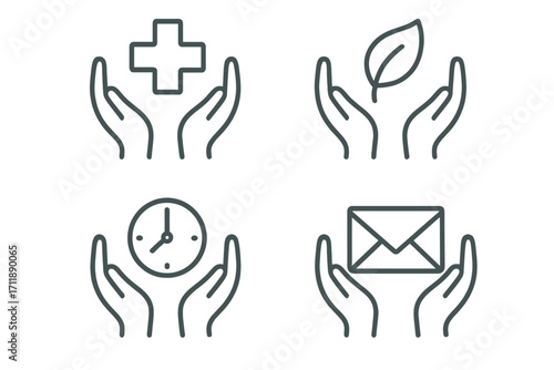 Care and support icon collection. Hands holding health cross, nature leaf, time clock, and message envelope. Editable stroke outline vector set for apps and design.