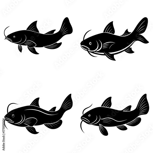 Four black catfish silhouettes swimming in different directions on a white background design art