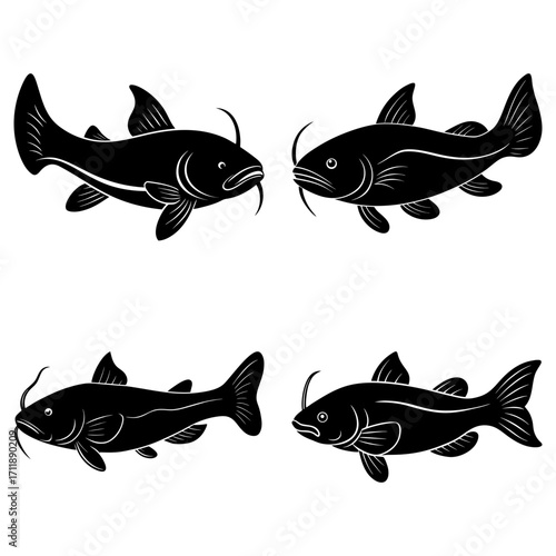 Illustration of four black catfish with detailed fins and barbels on a white background design art