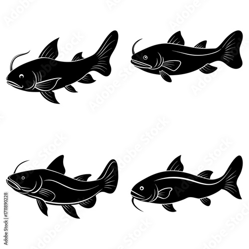 Four black and white stylized catfish illustrations arranged in a square formation on a white background