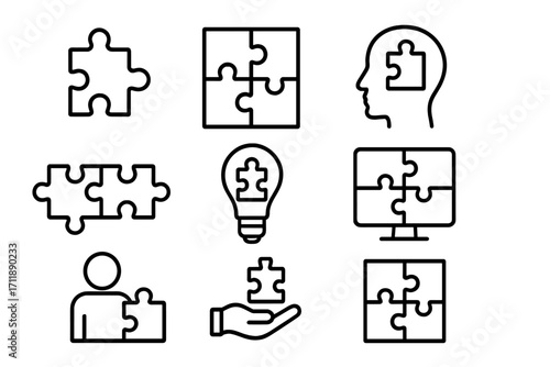Puzzle and jigsaw line icon collection. Metaphor for problem solving, business strategy, and teamwork. Concept of connection, solution, idea and innovation. Head and lightbulb.