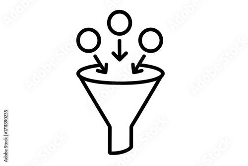 Sales funnel icon for lead generation. Business marketing and customer conversion concept. Data filtering process. Simple vector outline graphic for web and apps.