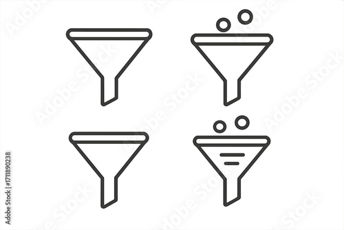 Sales funnel and data filter vector icon set. Marketing conversion and lead generation symbol. Data processing, sorting information, and analysis outline pictogram for UI/UX.