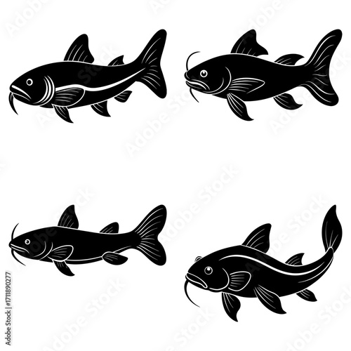 Four stylized black catfish swimming in different directions on a white background design vector art