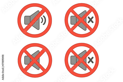 No sound icon set. Mute button collection for user interface. Silent mode and volume off signs. Vector illustration of sound prohibition symbols for web, apps, and print.