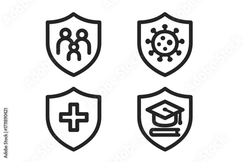 Insurance and protection vector icon set. Outline icons for family life insurance, health care, virus protection, and education savings. Shield safety and security concept.