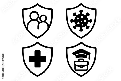 Protection and security icon set. Shield symbols for family life insurance, health care, virus protection, medical safety, business and education savings plan concept.