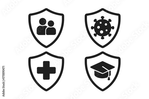 Shield icon collection for insurance and safety. Family protection, virus defense, medical security, and education concepts. Outline vector graphic illustration symbol set.