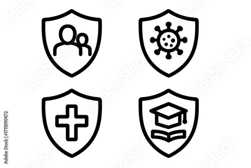 Insurance icon set concept. Line symbols for family life, health, medical, virus protection, and education savings. Vector shield signs for security and financial policy.