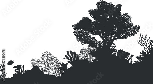 Silhouette of coral reef and aquatic life in an underwater landscape with fish and plants.
