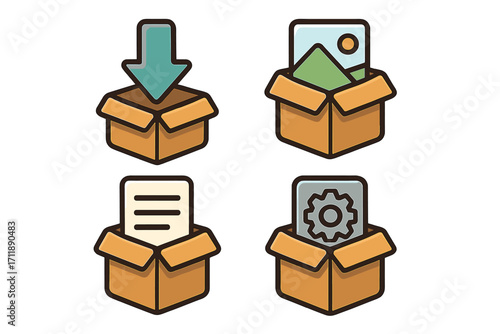 Vector icon set of boxes for apps and graphics. Download, package, data storage, and settings concepts. Cartoon illustration for web and mobile design. Isolated graphic elements.