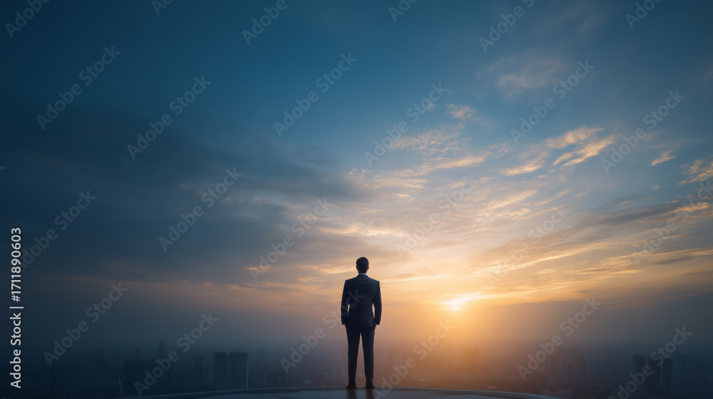 Fototapeta premium Businessman stands alone at sunset