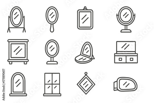 Mirror line icon set. Vector collection of different mirror types. Hand, wall, full-length, vanity, and pocket mirror. Reflection and glass objects for interior design. Isolated.