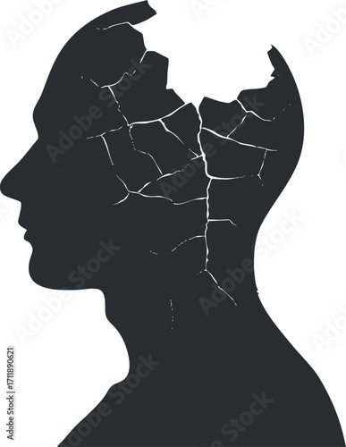 A black and white silhouette of a cracked human head symbolizing mental distress and fragmentation.