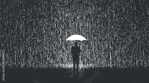 A silhouette of a person holding an umbrella against a backdrop of heavy rain.