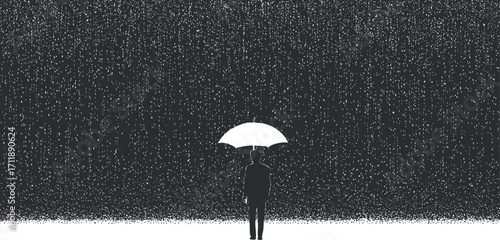 A silhouette of a man holding an umbrella standing in the rain against a dark background.