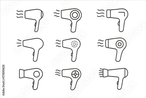 Hair dryer icon set. Simple linear pictograms of blow dryers for beauty and hair care. Minimalistic vector symbols for web, apps. Hairstyle and salon equipment collection.