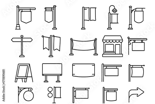 Signboard, banner, and signpost line icon collection. Blank outline signs for advertising, shops, and direction. Vector set of billboard, flag, and A-frame sandwich board.