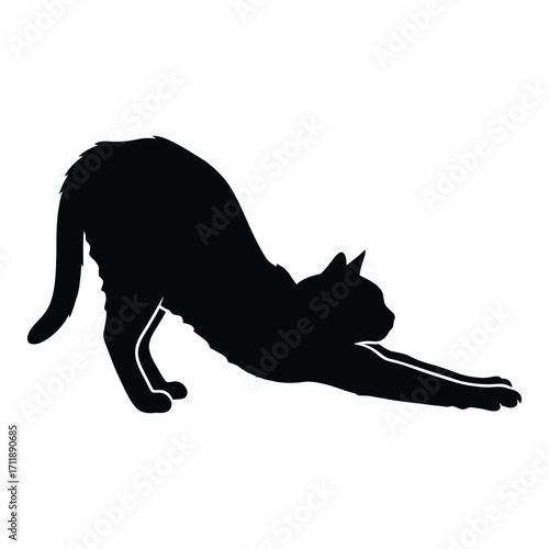 Silhouette of a black cat stretching its body and legs forward silhouette