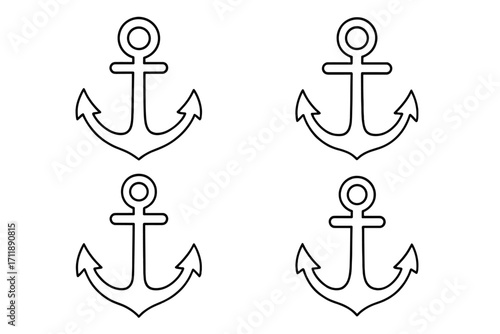 Anchor outline icon set. Nautical marine symbol collection. Sea, ocean, boat and ship equipment for stability and safety. Simple black vector line art for navy or sailing.