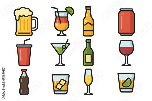 Alcoholic and soft drink icon set. Vector flat outline beverage collection for bar menu design. Contains beer, wine, cocktail, soda, juice, and whiskey cartoon icons.