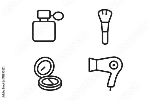 Beauty cosmetics line icons set. Minimalist outline vector illustration of make up and skincare. Perfume, brush, powder, hairdryer symbols. Glamour, salon, fashion graphic.