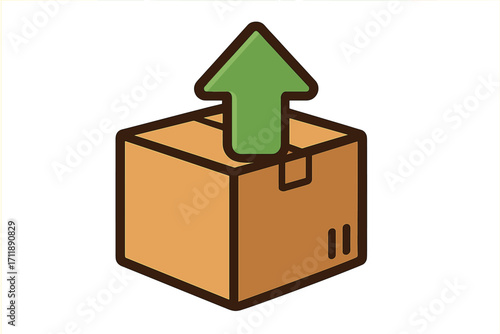 Upgrade or release concept vector. Green arrow coming out of a cardboard package. Icon for app, software update, unboxing, delivery, shipping or new product launch.