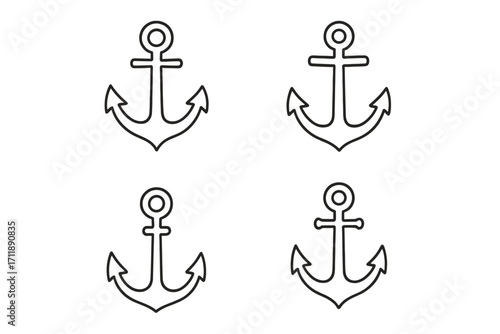 Anchor outline icon set for nautical and marine themes. Simple ship anchor symbols collection. Vector illustration for logo, travel design, or sailor tattoo. Maritime safety concept.