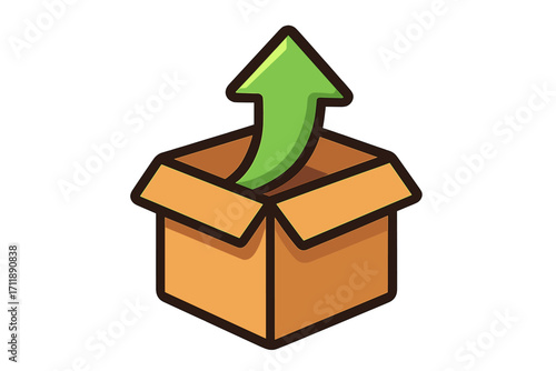Out of the box thinking concept with green arrow pointing up from cardboard box. Product launch, software update, or version release icon. Growth, success, and unpack metaphor.